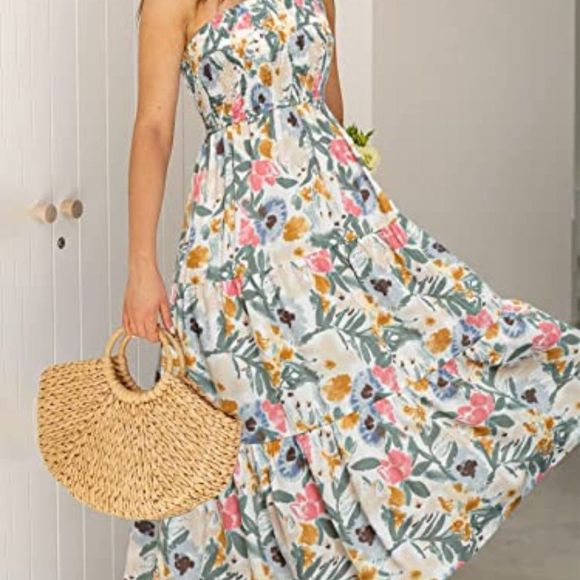 Women's Short Sleeve Smocked Square Neck A Line Summer Flowy Maxi Long Dress - Picture 1 of 5